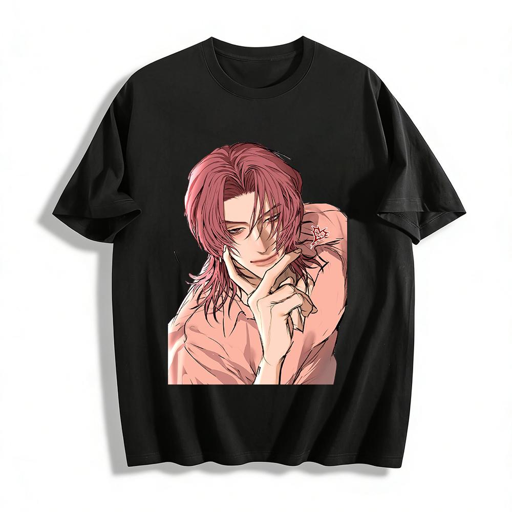 Anime Style Lazy Pink-haired Handsome Guy Print Long-sleeve Top Loose Casual Daily Wear T-shirt Pure cotton T-shirt