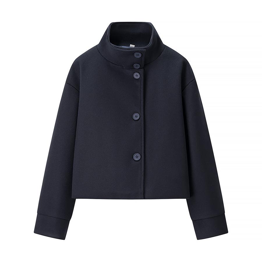 European and American style, new women's clothing, versatile, fashionable, foreign style stand-up collar breasted woolen coat