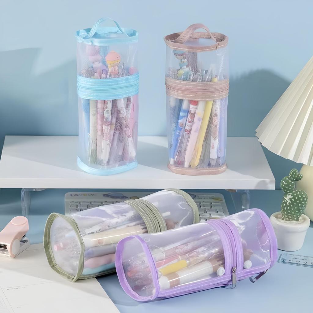 Transparent Two-Way Cylindrical Mesh Pen Holder & Pencil Case