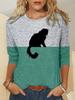 Color Block Printed Long Sleeved Casual Daily Basic Retro Round Neck 3D Cat Printed Women's T-shirts - Soft Medium Stretch Relaxed Fit Clothing