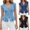 Damski jeansowy top peplum bez rękawów z dekoltem V, jednorzędowy, zapinany na guziki, dopasowany, krótki, jeansowy kamizelka, top na ramiączkach, wiosenna, casualowa bluzka S-XL