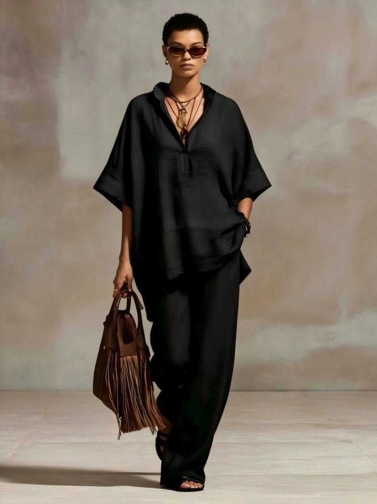 Women's Summer/Fall Casual Relaxed-Fit Solid-Color Shirt and Wide-Leg Pants Set