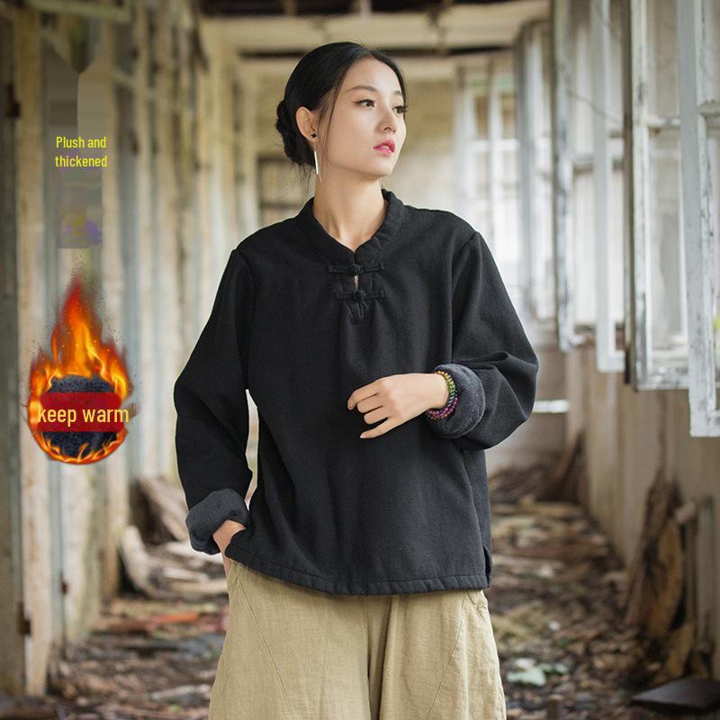 

Женская рубашка из хлопка и льна в стиле ретро: Футболка весна/лето из бархата с пуговицами One Size