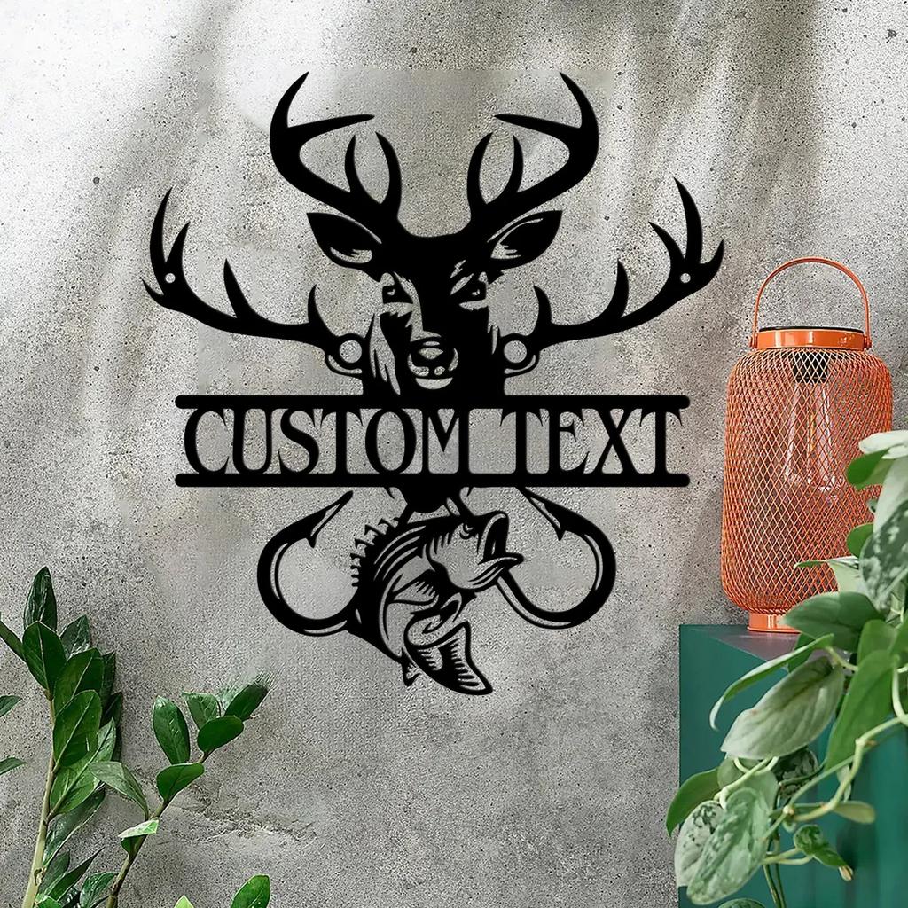 Custom Deer and Fish Metal Wall Art, Personalized Metal Sign for Living Room, Rustic Fishing Decor for Bedroom, Unique Outdoor Garden Gift