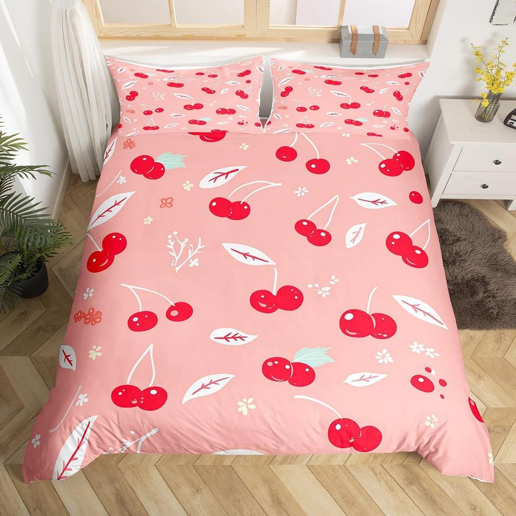 Red Cherry Printed Bedding Set Cartoon Tropical Fruit Duvet Set Three-Piece Set