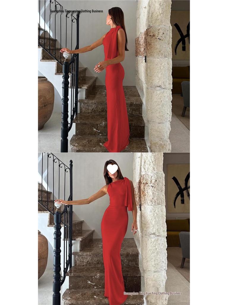 Women's Elegant One-Shoulder Summer Dress - Solid Color Draped Fashion