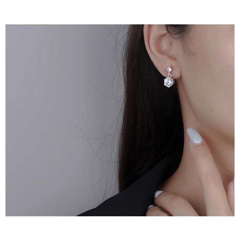 Women Inlaid Shining Zircon Double Zirconia Sterling Silver Pin Geometric Fashion Earrings