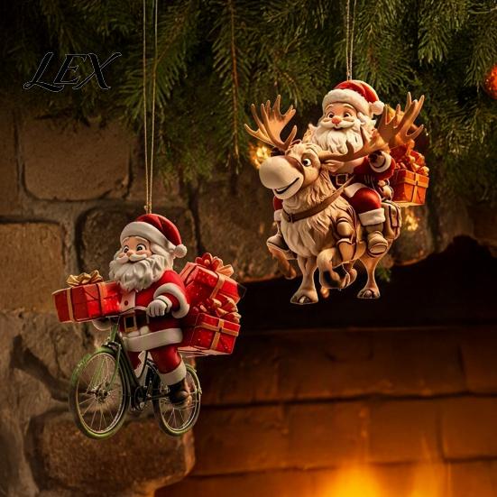 Indoor Christmas Theme Ornaments 8/16/24/32Pcs 2D Flat Wooden Ornaments, Santa Claus Riding Bicycle Hanging Winter Holiday Craft Decorations