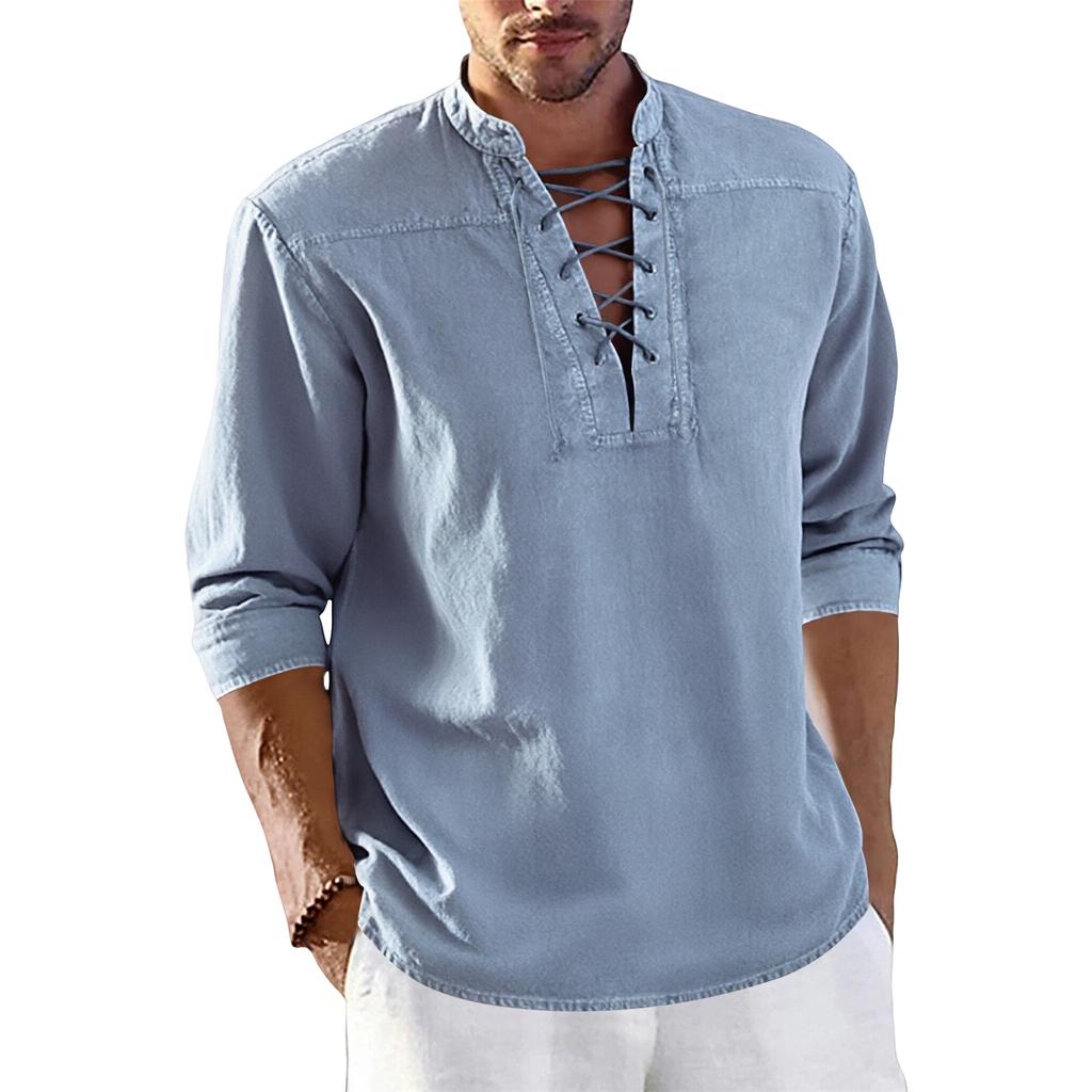 Men's Solid Color Vintage Laced Stand-Collar Loose Casual Shirt