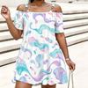 Women Plus Size Cold Shoulder Chain Strap Short Sleeve Printed Loose Casual Dress
