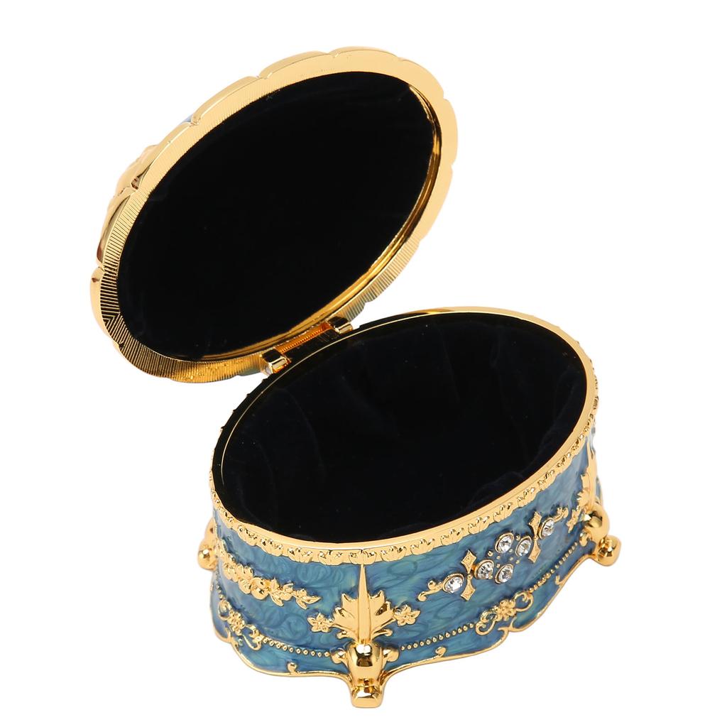 Oval Rhinestone Jewelry Box Ring Retro Engraved Earrings Necklace Storage Organizer Box Gold Edge Royalblue