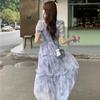 EDREES Summer Mori Girl Elegant Floral Print Puff Sleeve Long Cool Korean Style Flared Women's Dress, Style, Off-the-Shoulder U-Neck Skirt,