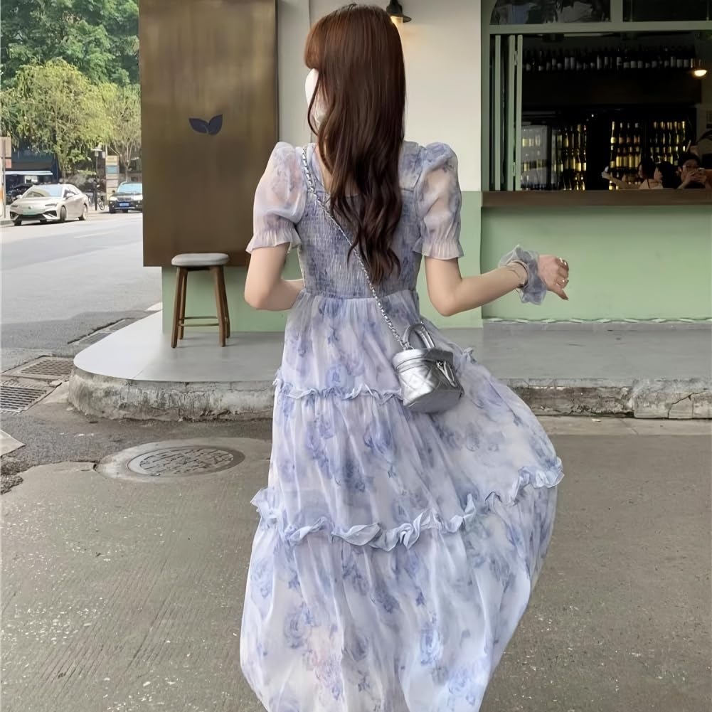 EDREES Summer Mori Girl Elegant Floral Print Puff Sleeve Long Cool Korean Style Flared Women's Dress, Style, Off-the-Shoulder U-Neck Skirt,