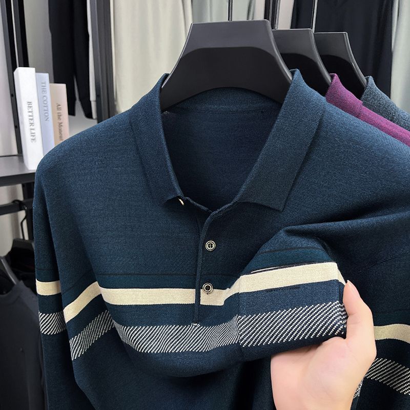 Men Striped Lapel Collar Long Sleeve Polo Shirt