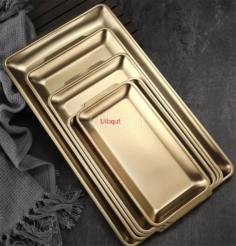 304 gold golden Stainless Steel Food Storage Trays BBQ Sushi Flat Dish Bread Pastry Baking Pan Kitchen Fruit Vegetable Plate