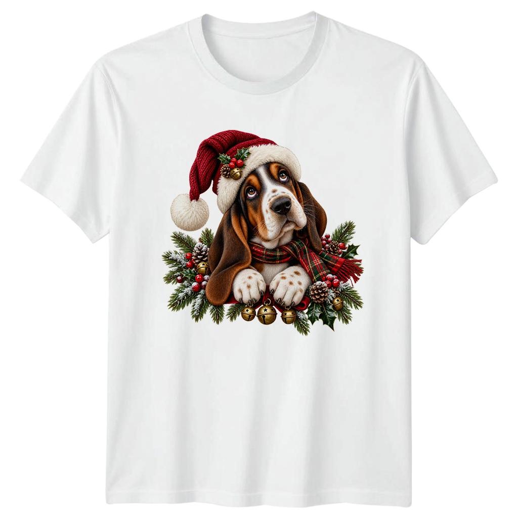 Cute Basset Hound T-Shirt Festive Christmas Holly Santa Hat Dog Lover Gift