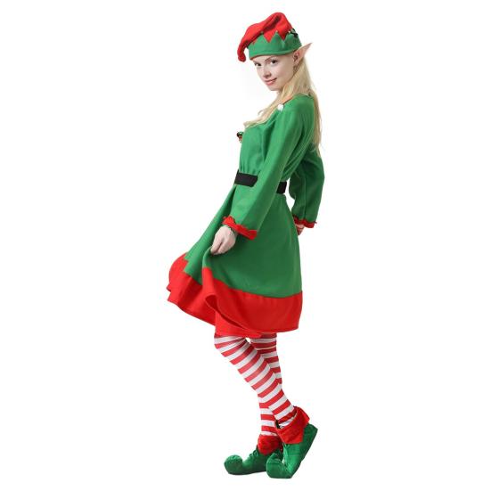 8 Pcs Women Christmas Elf Costume Set Green Xmas Dress Festive Outfit with Elf Ears Hat Shoes Belt Striped Socks