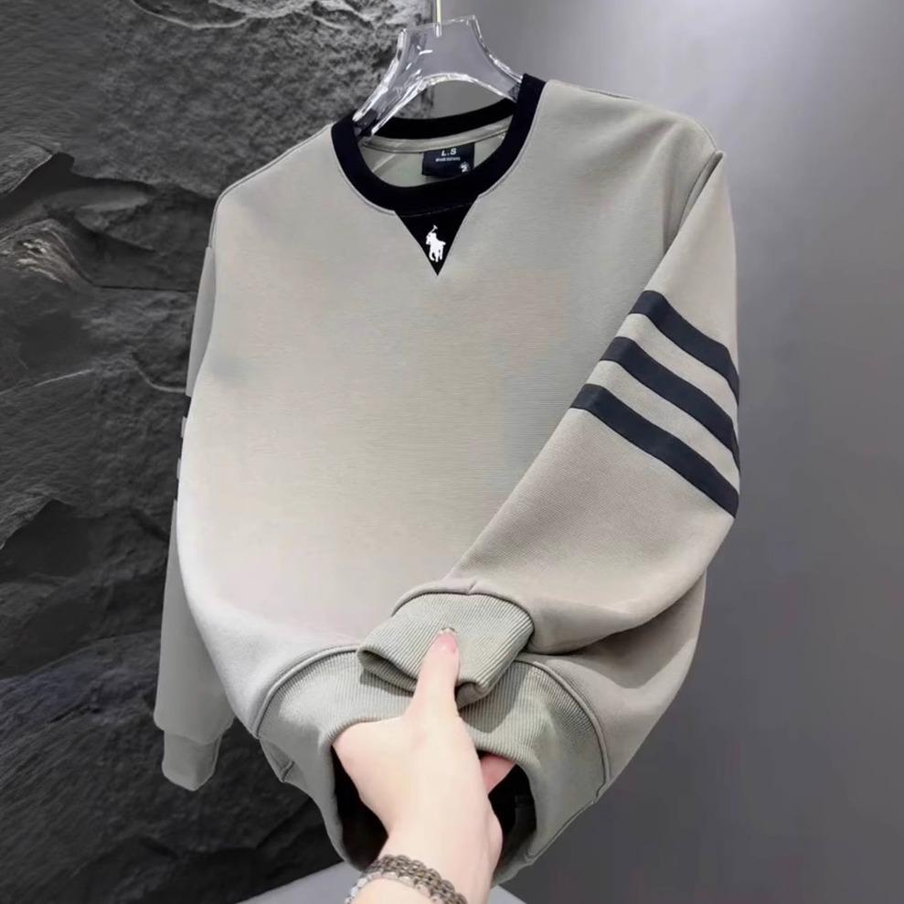 Men s Striped Color Block Embroidered Sweatshirt - Casual Long Sleeve Round Neck Patchwork Large
