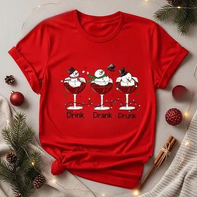 Drink Drank Drunk Christmas Printed Womens TShirts Wine Lover Christmas Shirts Funny SnowUnisex Tops Wine Santa Hat Drinking Tees