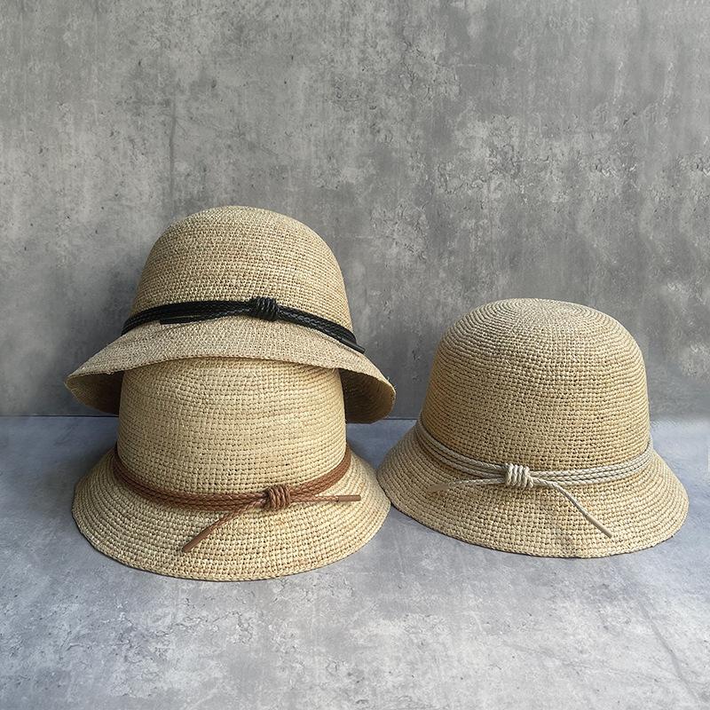 25 Spring And Summer Quite Wide Raffia Elegant Temperament Short Brim Bucket Hat Women'S Versatile Outdoor Sunshade Sun Protection Straw Hat