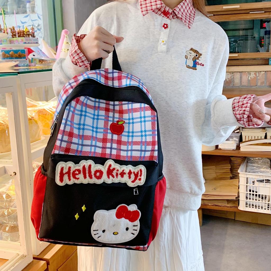 American Girl Retro Blue Plaid Cartoon Backpack for Junior and High School - Large Capacity, Casual Style