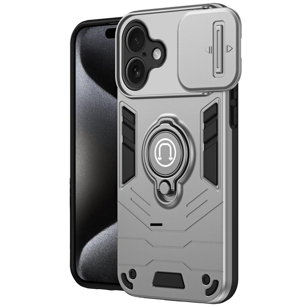 For iPhone 16 Plus Case Slide Camshield Kickstand PC+TPU Phone Cover