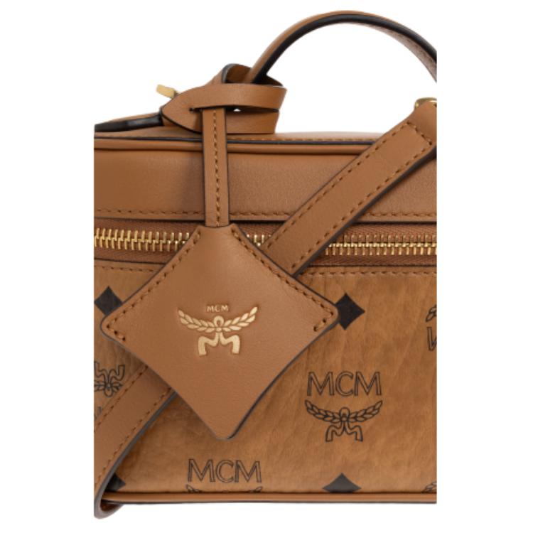 MCM Visetos Cognac-Leder Kosmetiktasche Crossbody-Tasche mit goldener Hardware für den täglichen Gebrauch & Reisen