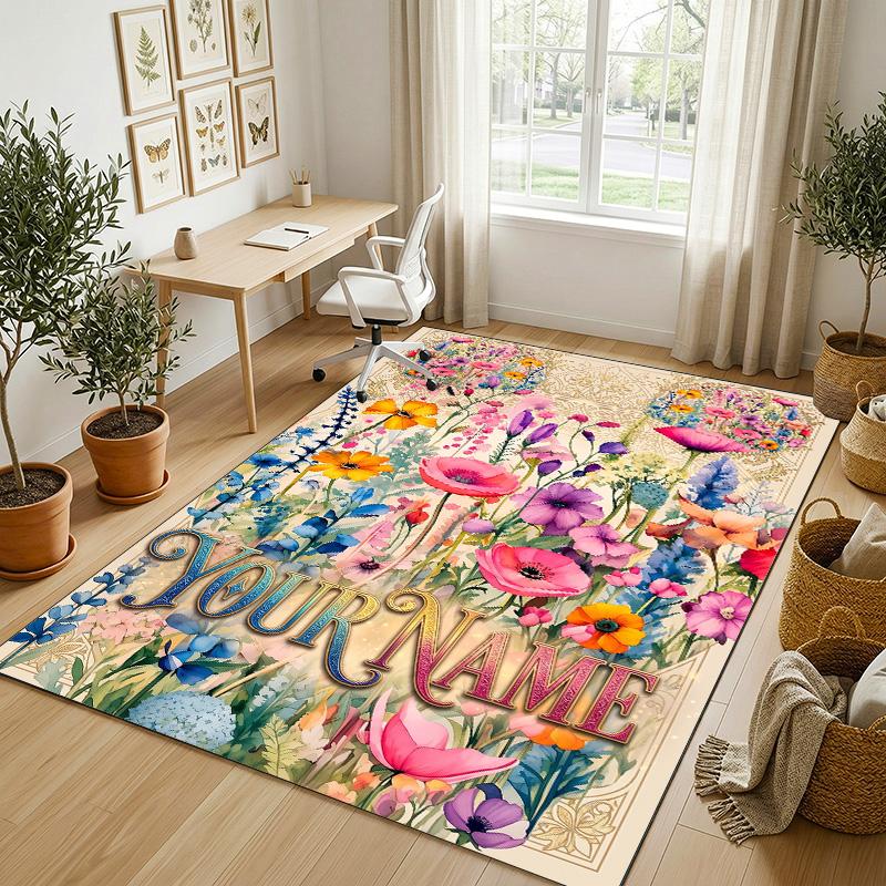 Blumen-Fantasy-Garten-Thema Weicher Kristall-Samt-Teppich Benutzerdefinierter Name & Textdruck Rutschfester Bodenläufer für Schlafzimmer Wohnzimmer