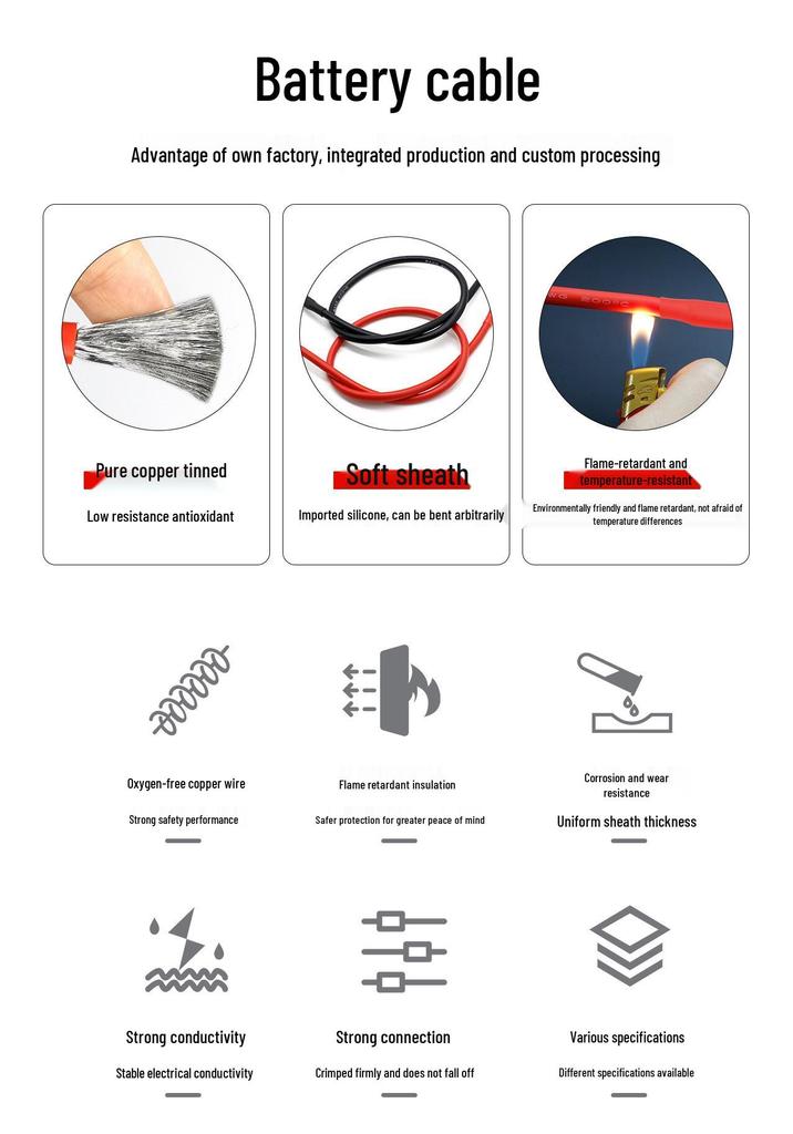 Ultra-Soft Silicone Battery Cable with Tinned Copper Terminal for 3/4/6/8 AWG