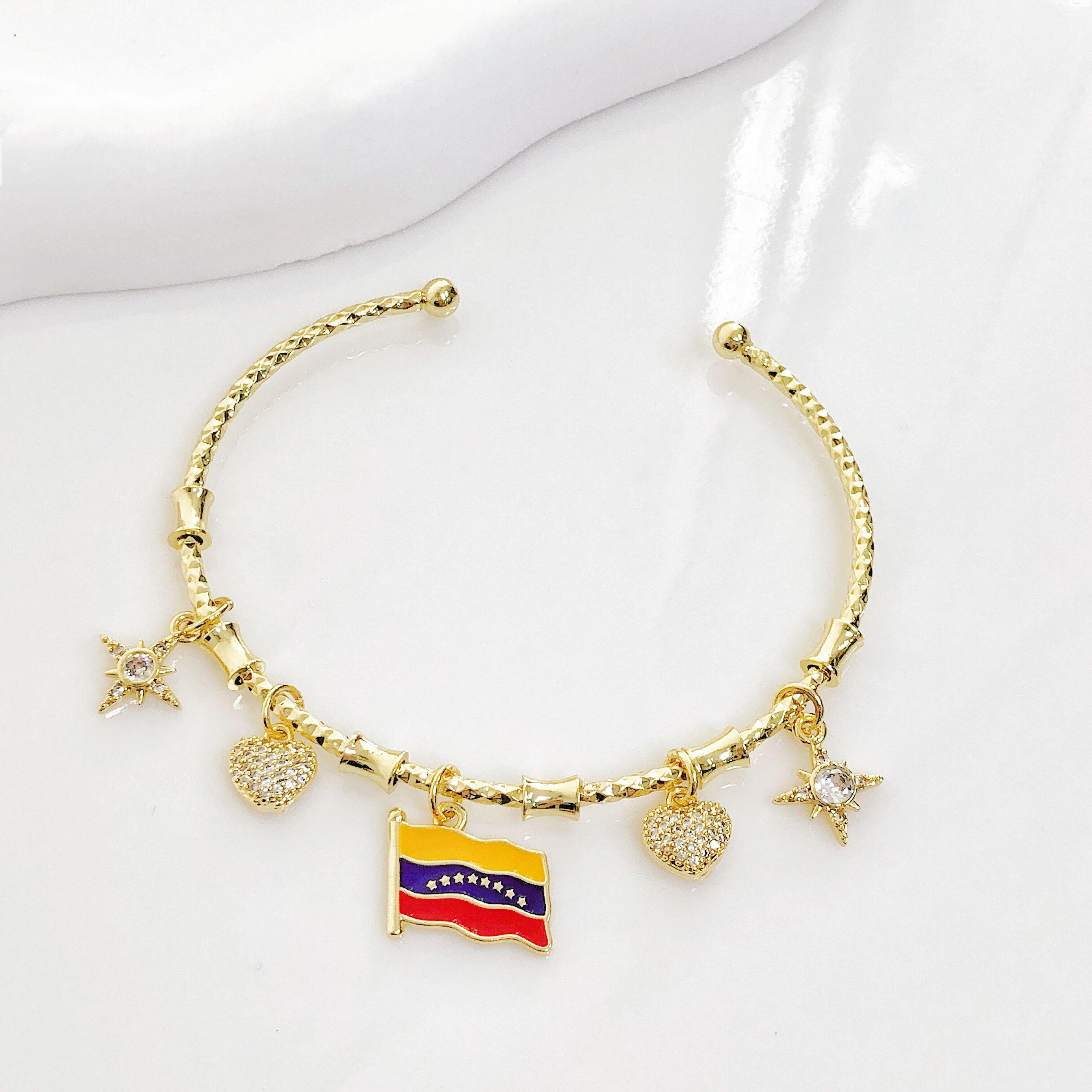 

Gold-Plated Venezuelan Flag Star Zircon Bangle Candy Bracelet Classic for Men s Women s National Day Zircon Birthday Gift