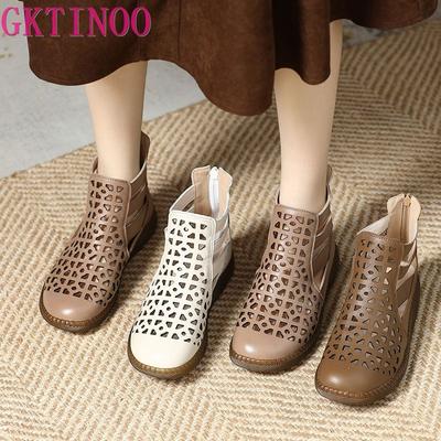 Fashion GKTINOO Large Size 2025 Genuine Leather Summer Sandals Breathable Hollow Boots Flat Soft Non-slip Comfortable Sandalias De Mujer