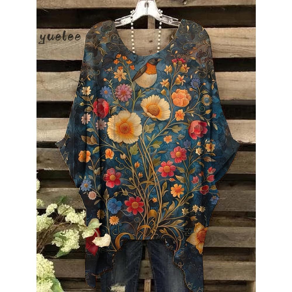 T-shirt Estiva Elegante Bohemien Bicolore da Donna con Stampa Floreale a Forma di Cuore e Farfalla, Scollo Tondo, Blusa Casual, Abbigliamento Bohemien da Donna
