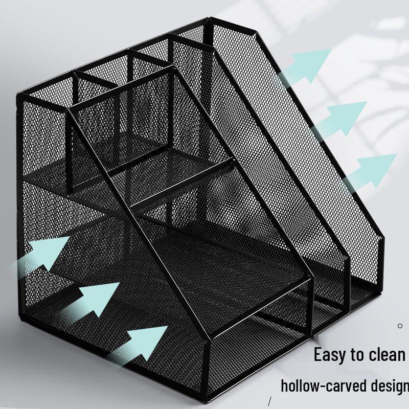 Wrought Iron Metal File & Pen Holder: Office File Rack & Bookshelf Organizer