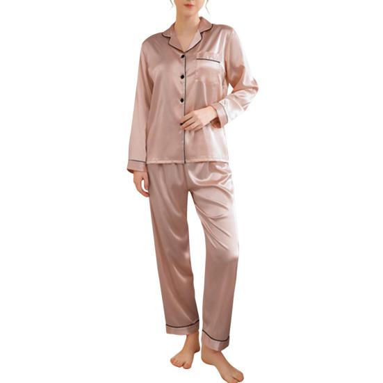 Yousheng 2 Pcs/Set Pajamas Suit Satin Single-breasted Cardigan Shirt V Neck Notch Collar Solid Color Shirt Wide Leg Loose Trousers Nighty Suit