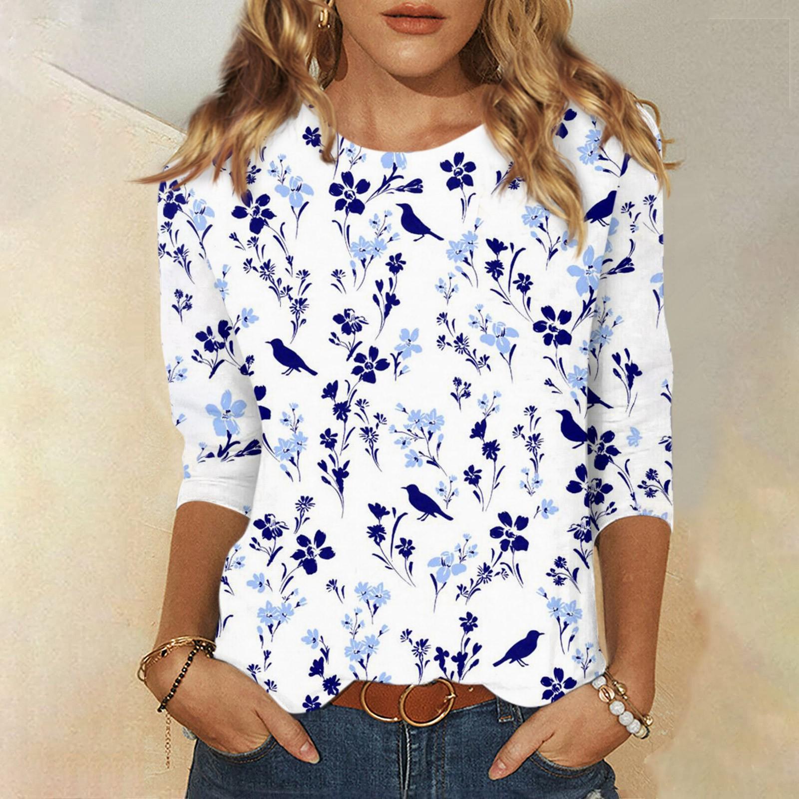 

Нова жіноча модна футболка з круглим вирізом і 3/4 рукавами з квітковим принтом, тонкий топ, повсякденні топи M синій