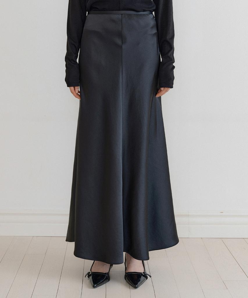Lucirju Satin Full Length Flare Skirt (Black)