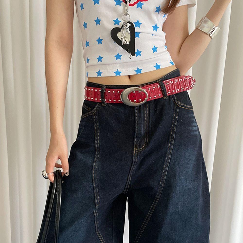 Y2k Women's Rivet Belt Gothic Dress Jeans Belt Niche Leather Waist Belt  Streetwear