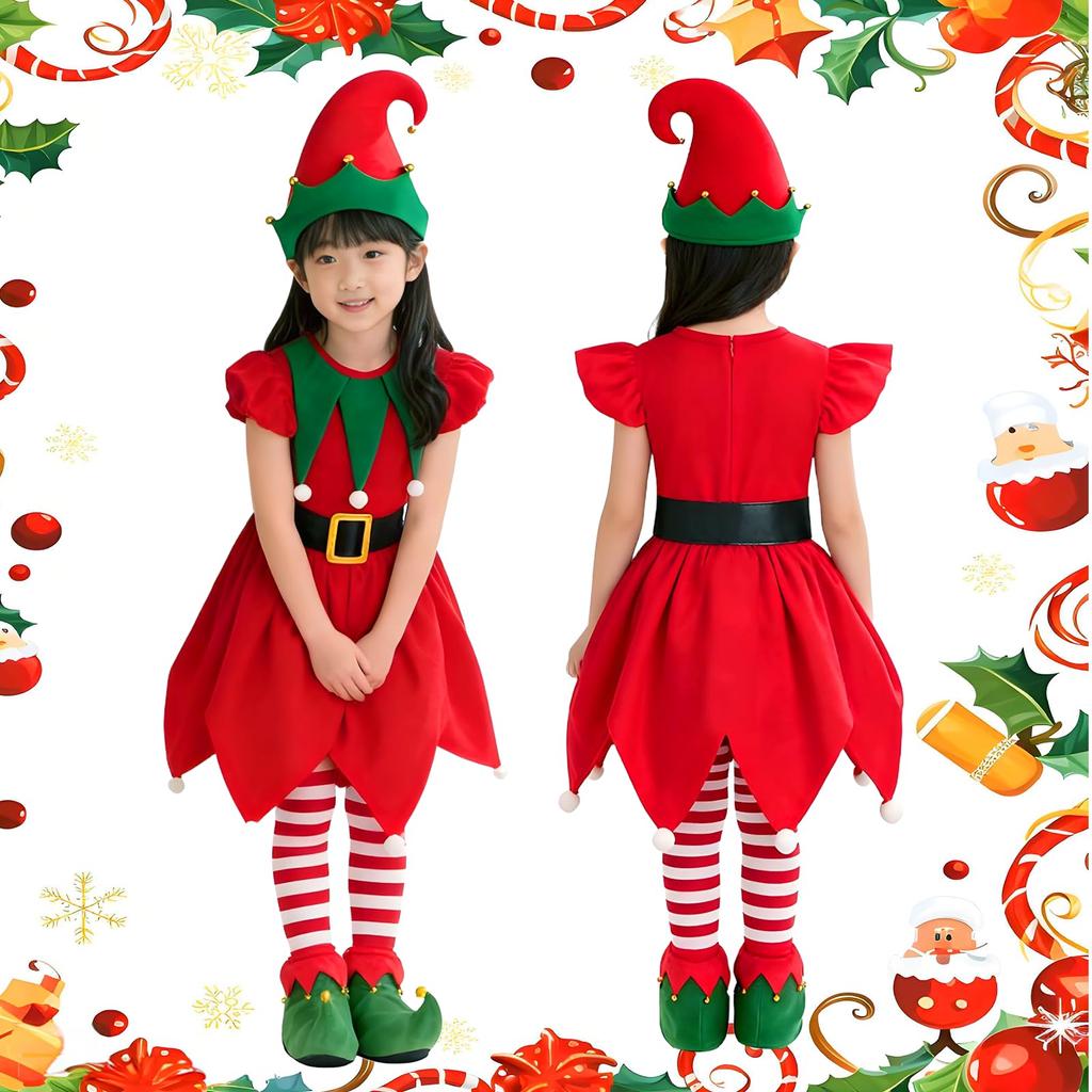 Yi-gog Weihnachtsmann Cosplay Kinder 5-teiliges Set, Enthält Elfen-Weihnachtskleid, Mütze, Gürtel und Weihnachtssocken, Perfekt für Fotoshootings, Veranstaltungen und Partys