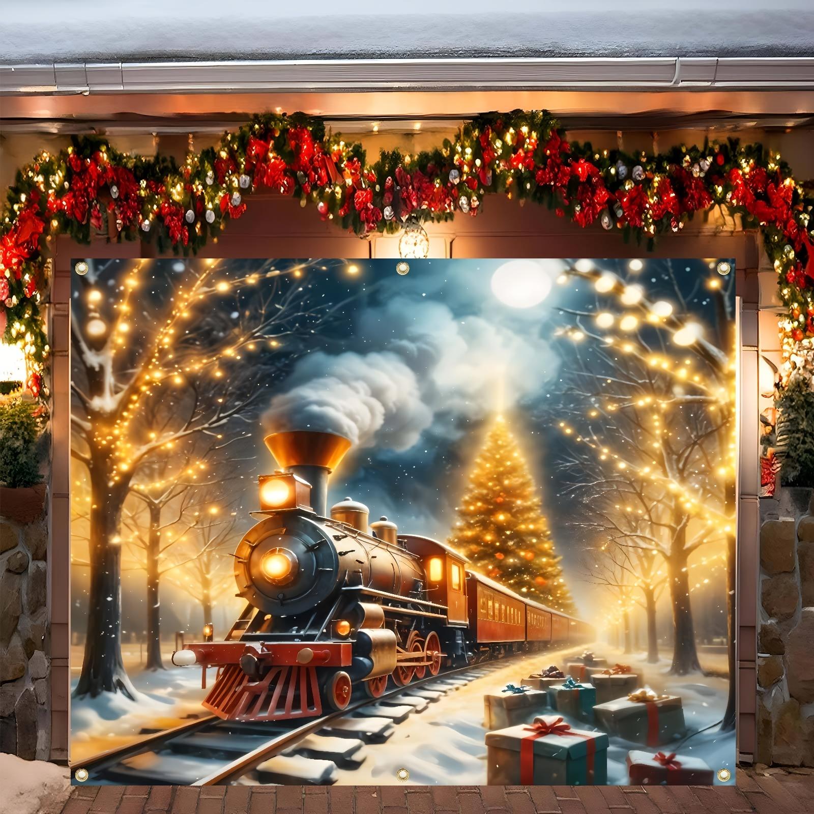 Charming Golden Snow Christmas Garage banner - Winter Wonderland Steam train and tree design garden decoration 100x150cm