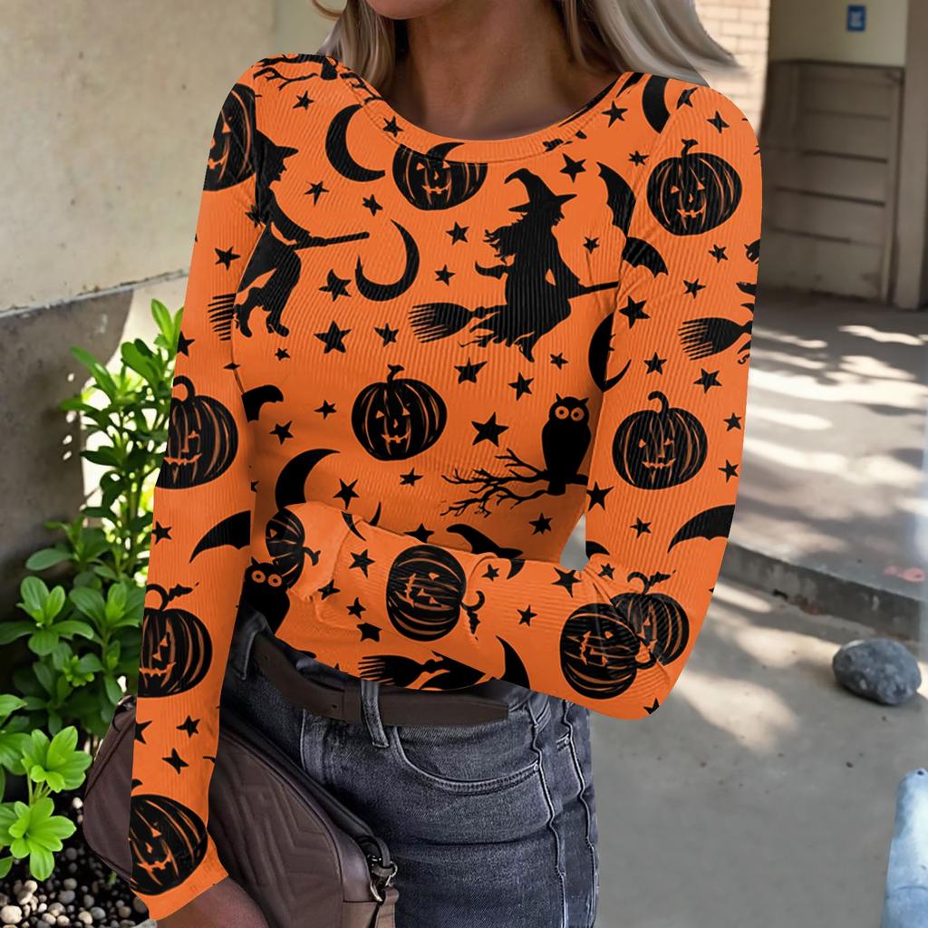 Women's Casual Long Sleeve Ribbed Knit Top Halloween Print Round Neck Slim Fit Stretchy Pullover Shirt for Fall Season