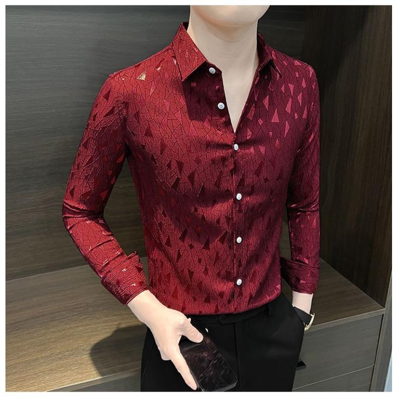 

Мужская приталенная белая рубашка с длинным рукавом, геометрический узор, формальная блузка S красный