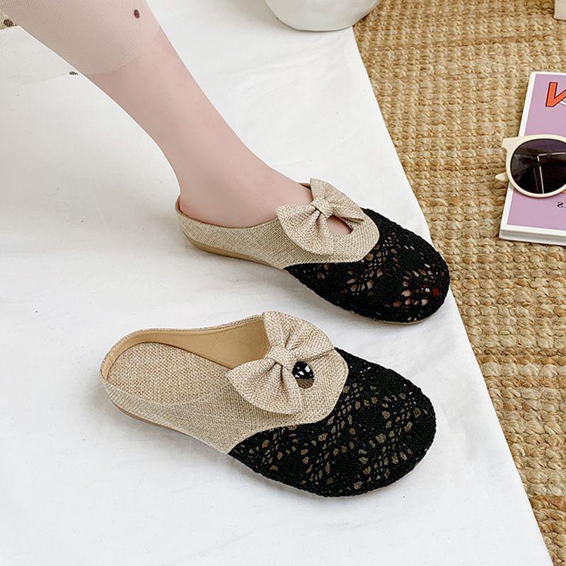 2025 New Fashion Slippers Women's Retro Hollow Bow Lazy Outer Wear Flat Bag Head Half Slippers Women