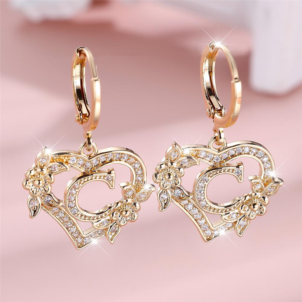Vintage Hollow Love Heart Flower A-Z 26 Letters Hoop Earrings Yellow Gold Color White Zircon Earring Wedding Jewelry For Women