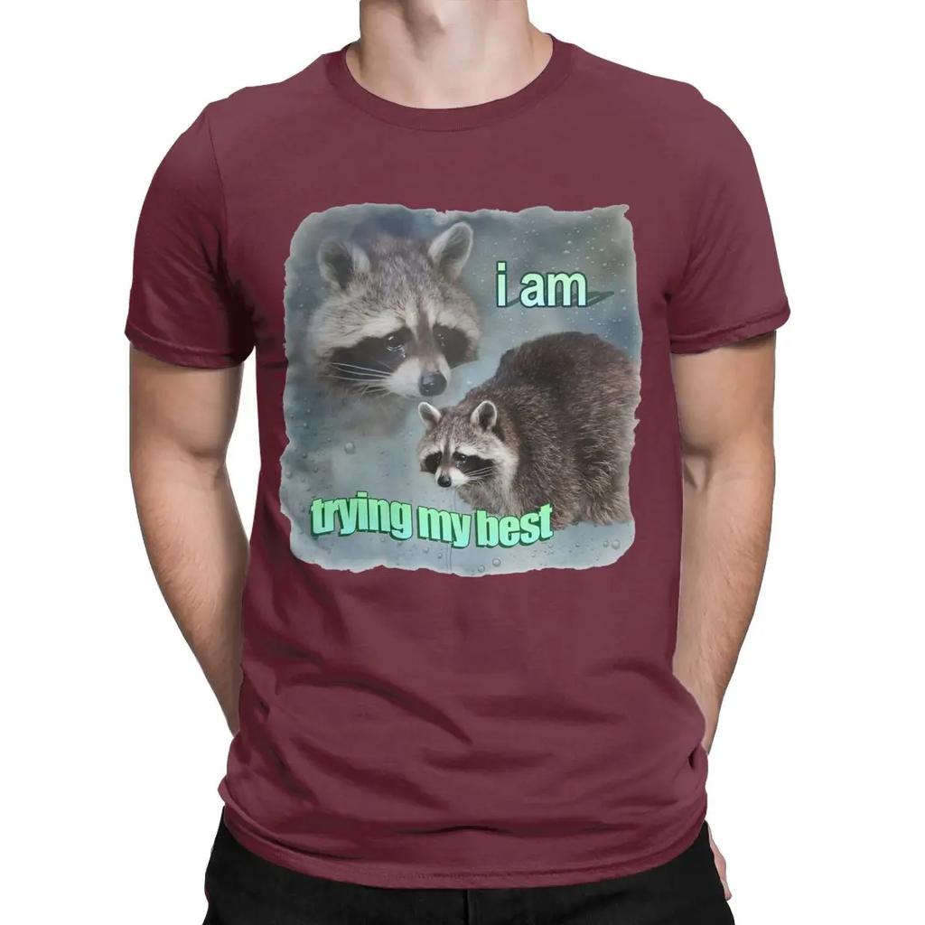 I Am Trying My Best Raccoon Word T Shirt Men's 100% Cotton Vintage T-Shirts Crew Neck Tees Short Sleeve Tops Classic