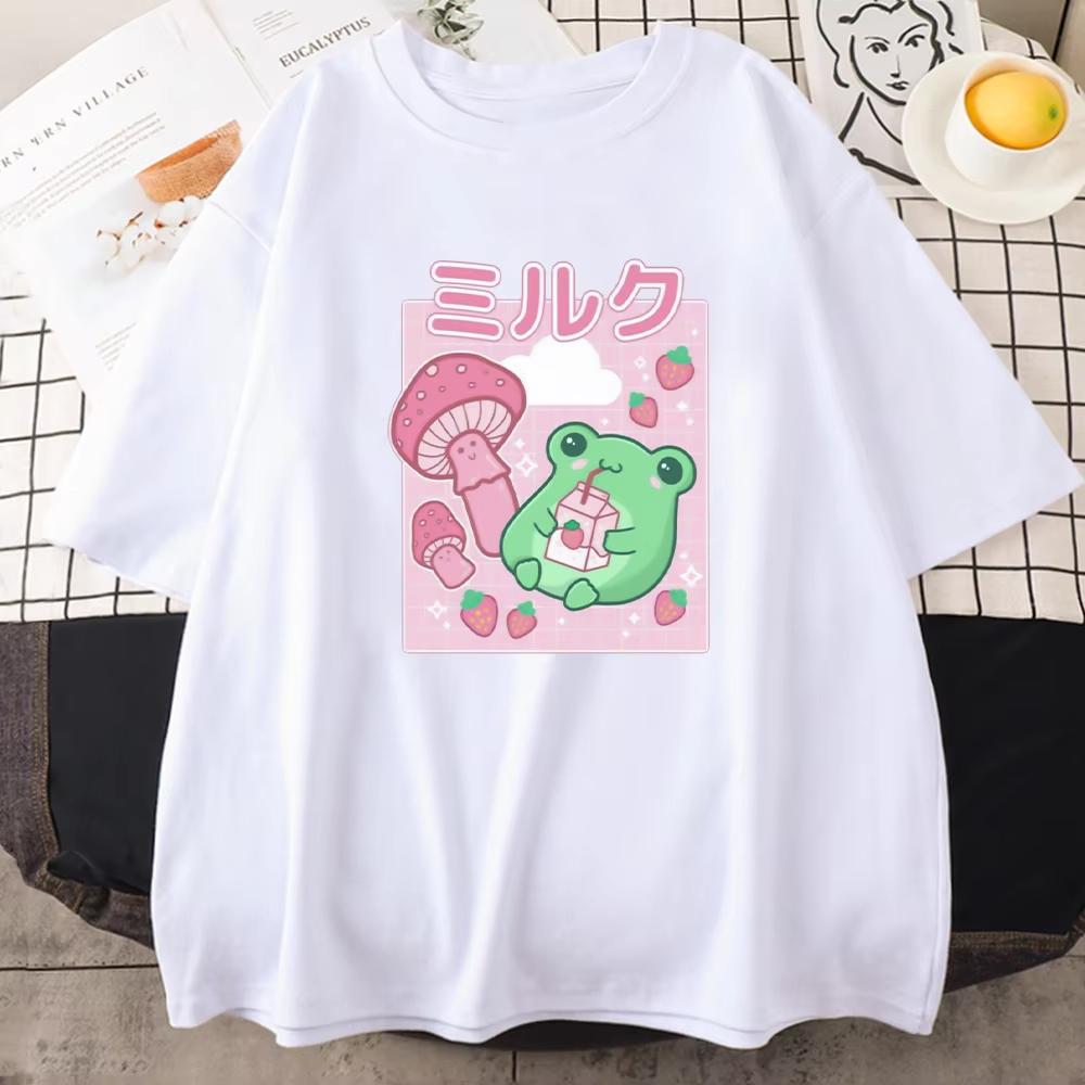 T-Shirt mit Frosch-Erdbeer-Trank und Pilz-Cartoon, frisches grünes Top, lockere Oberteile, 100 % Baumwolle, Sommer, Harajuku, lässig, täglich, kurze Ärmel