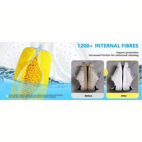 Yellow Chenille Shoe Washing Bag with Blue Zipper, Plush Protective Laundry Bag for Machine Washing Sports and Casual Shoes