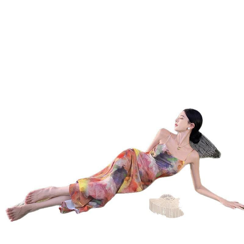 Real Shot Seaside Retro Monet Oil Painting Color Suspender Dress Women's Summer Small Slim Dress