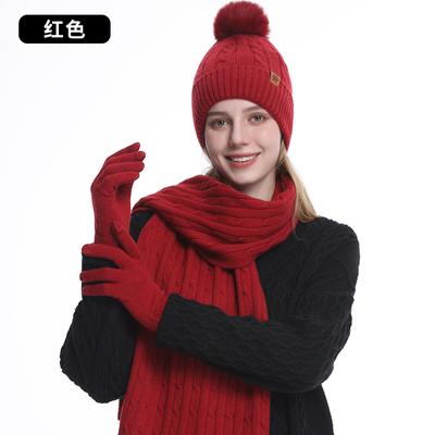 Knitted Hat, Women's Winter Warm Ear Protection, Double-layer Thickened Plush Wool Knitted Hat, Scarf and Gloves Three-piece Set