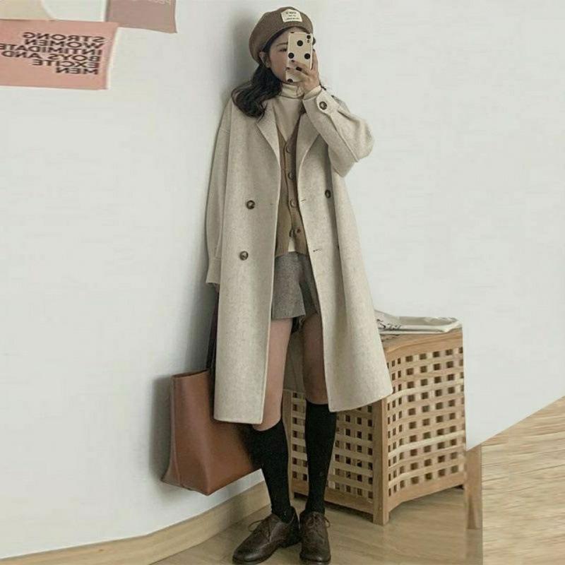 

Woolen Jacket Autumn and Winter Korean Version Loose Small Woolen Coat Women s Medium and Long XXXL абрикосовий