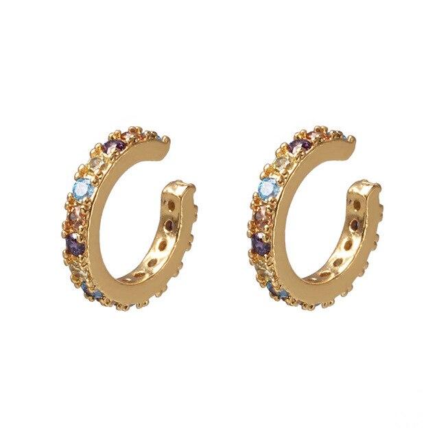 Women Cubic Zircon Rainbow Earrings Cubic Zirconia Ear Cuff Set Female Stylish Fashionable Gold Tone Huggie Clip On Earrings Earcuff Crystal Stone